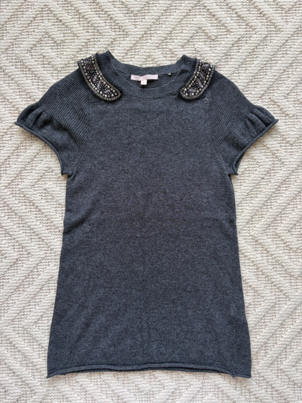 Rebecca Taylor Charcoal Short Sleeve Knit Top with Beaded shoulders